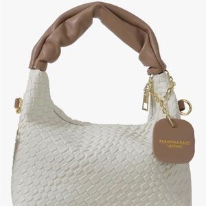 Chic White and Tan Woven Leather Shoulder Bag